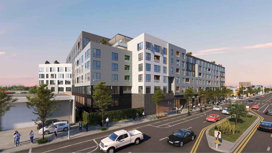 Side elevation of multi-story Cityview project on Manchester Avenue, Westchester neighborhood of Los Angeles.